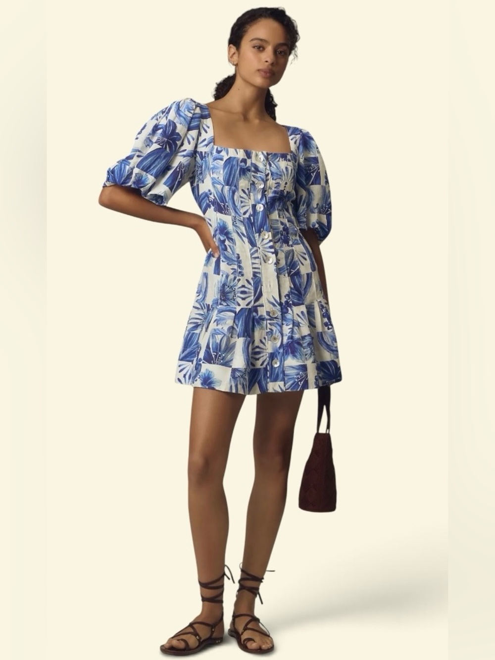 Farm Rio Garden Tiles Linen Puff Sleeves Mini Dress Size Large